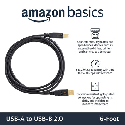 USB 2.0 Cable, USB-A to USB-B, for Printer or External Hard Drive, Connect to Computer/Laptop/Pc, 480 Mbps Transfer Speed, Gold-Plated Connectors, 6 Foot, Black